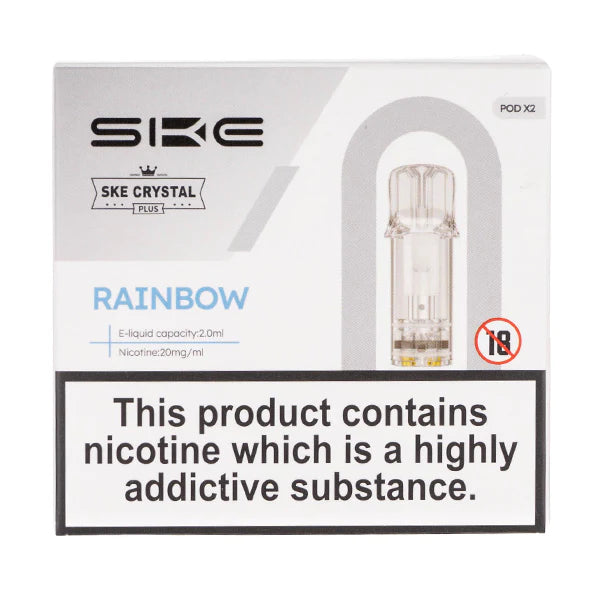 SKE Crystal Bar Plus prefilled pods in Rainbow flavor, pack of 2, designed for use with the SKE Crystal Bar Plus device for a smooth and fruity vaping experience.