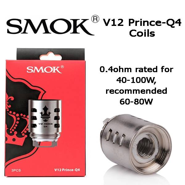 Pack of three Smok TFV12 Prince Q4 0.4ohm replacement coils, compatible with V12 Prince Tank for sub-ohm vaping.