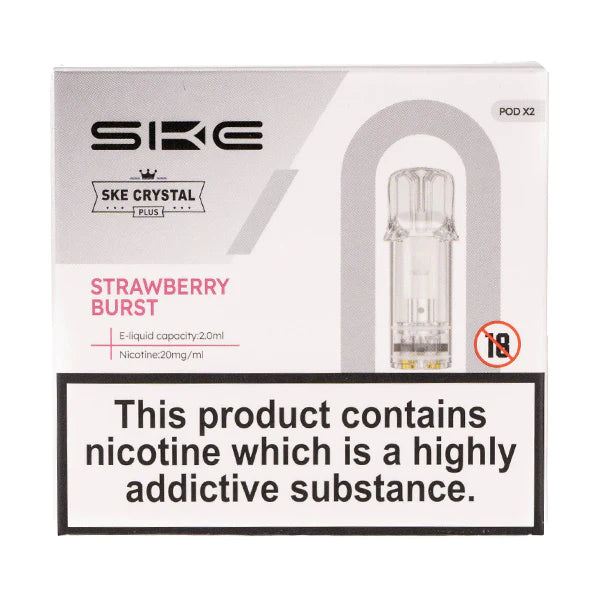 SKE Crystal Bar Plus prefilled pods in Strawberry Burst flavor, pack of 2, designed for use with the SKE Crystal Bar Plus device for a smooth and fruity vaping experience.