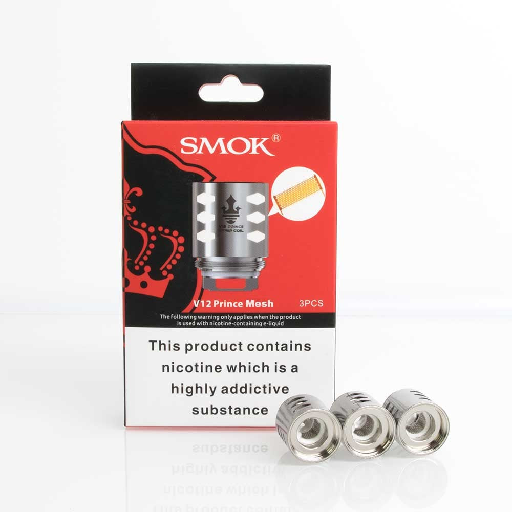 Pack of three SMOK TFV12 Prince tank coil heads designed for enhanced flavor and vapor production.