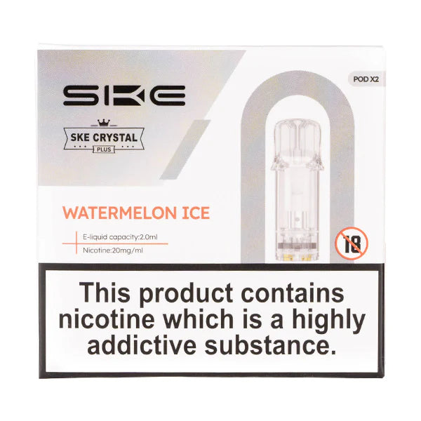 SKE Crystal Bar Plus prefilled pods in Watermelon Ice flavor, pack of 2, designed for use with the SKE Crystal Bar Plus device for a smooth and fruity vaping experience.