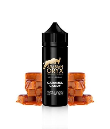 100ml shortfill bottle of Arabian Oryx Premium E-Liquid in Caramel Candy flavor, crafted with a high-quality 70VG/30PG blend for rich flavor and dense clouds, nicotine-free with space for nic shots.
