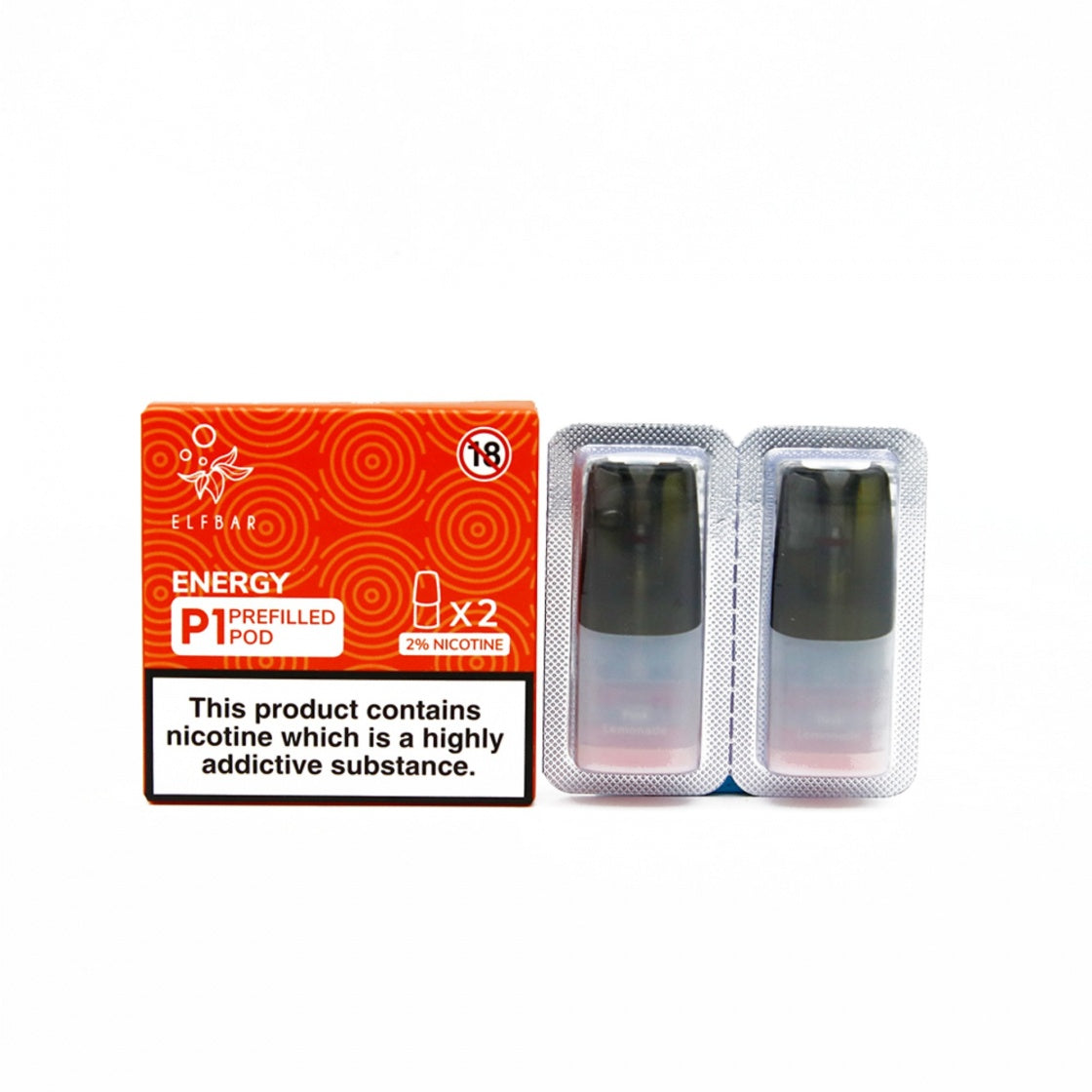 Elf Bar Mate 500 flavored replacement pods in Energy, pack of 2, prefilled for a juicy and refreshing vape experience, designed for use with the Elf Bar Mate 500 device to deliver smooth vapor and rich fruity flavor.