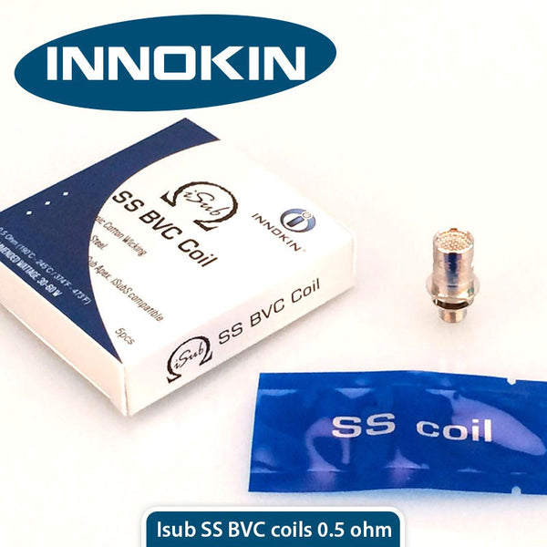Genuine Innokin iSub SS BVC 0.5ohm replacement coils compatible with iSub, iSub G, iSub Apex, iSub S, and iSub V tanks.