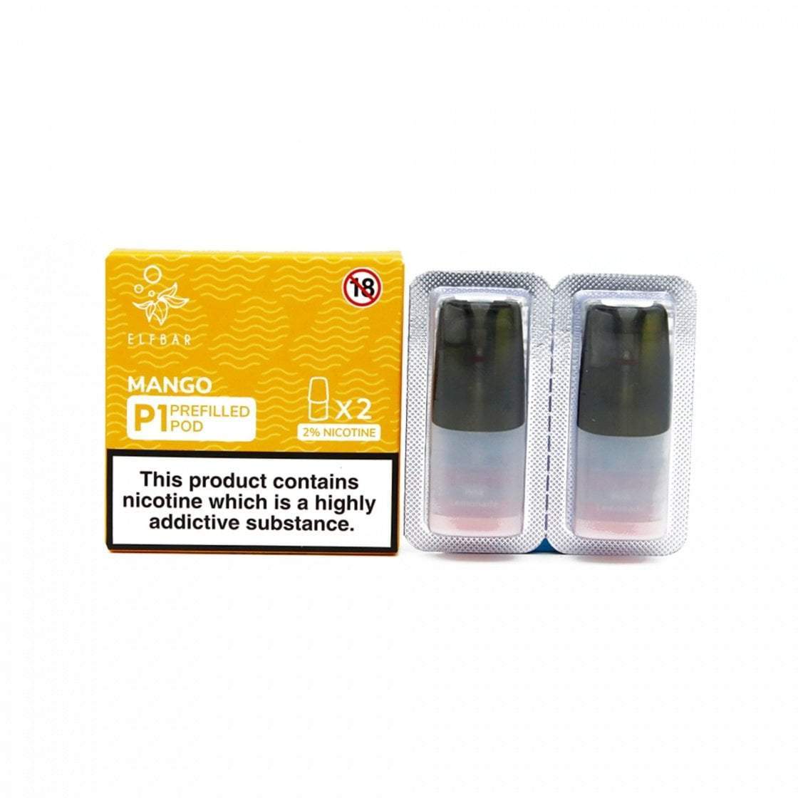Elf Bar Mate 500 flavored replacement pods in Mango, pack of 2, prefilled for a juicy and refreshing vape experience, designed for use with the Elf Bar Mate 500 device to deliver smooth vapor and rich fruity flavor.