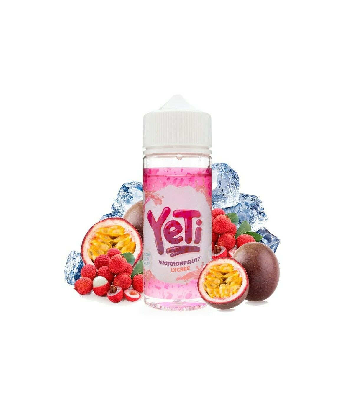 100ml shortfill bottle of YETI E-Liquid in Passionfruit Lychee flavor from the Fruity Ice Cold Series, crafted with a 70VG/30PG mix for bold flavor and dense clouds, nicotine-free with space for nic shots.