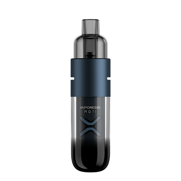 Vaporesso X Moti X Mini Pod Kit in Aegen Blue – futuristic and compact pod system featuring a transparent body with a 1150mAh battery, COREX heating tech, and adjustable airflow for a rich RDL vaping experience.