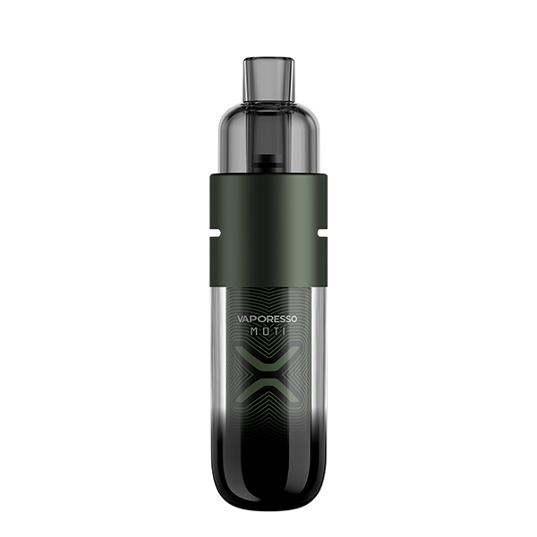 Vaporesso X Moti X Mini Pod Kit in Aurora Green – futuristic and compact pod system featuring a transparent body with a 1150mAh battery, COREX heating tech, and adjustable airflow for a rich RDL vaping experience.