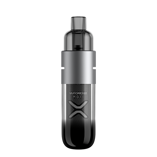 Vaporesso X Moti X Mini Pod Kit in Galaxy Silver – futuristic and compact pod system featuring a transparent body with galaxy silver accents, 1150mAh battery, COREX heating tech, and adjustable airflow for a rich RDL vaping experience.