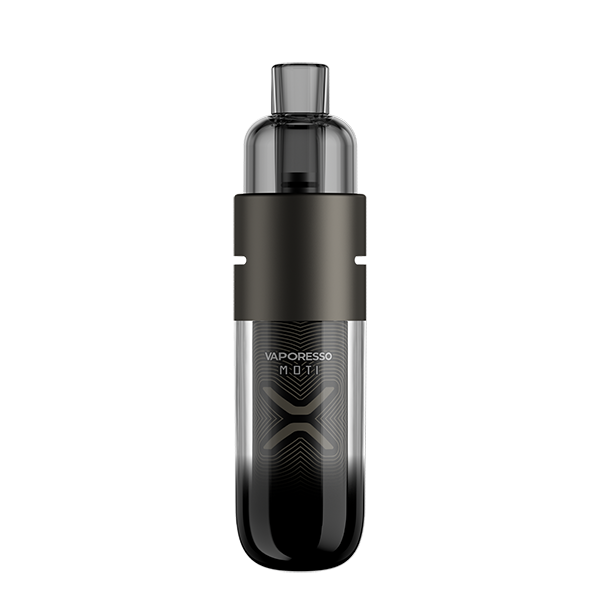 Vaporesso X Moti X Mini Pod Kit in Gunmetal Grey – futuristic and compact pod system featuring a transparent body with a 1150mAh battery, COREX heating tech, and adjustable airflow for a rich RDL vaping experience.