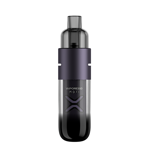 Vaporesso X Moti X Mini Pod Kit in Mystic Purple – futuristic and compact pod system featuring a transparent body with a 1150mAh battery, COREX heating tech, and adjustable airflow for a rich RDL vaping experience.