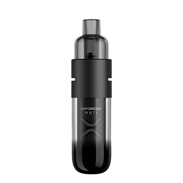 Vaporesso X Moti X Mini Pod Kit in Space Grey – futuristic and compact pod system featuring a transparent body with a 1150mAh battery, COREX heating tech, and adjustable airflow for a rich RDL vaping experience.