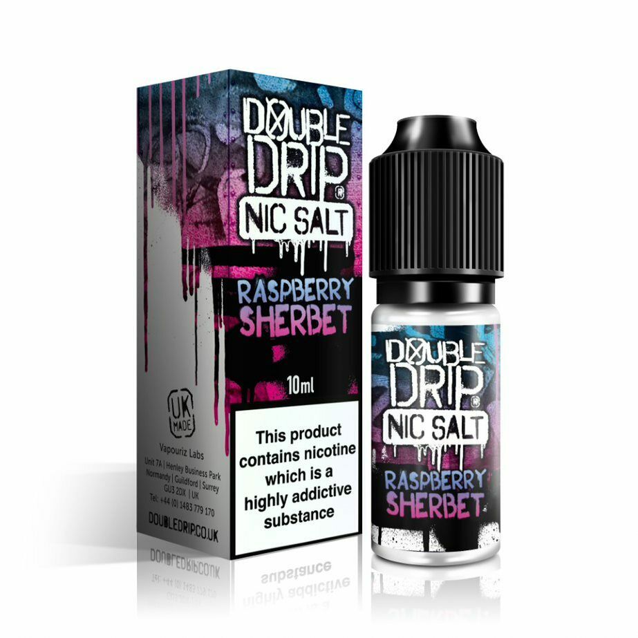 Double Drip Nic Salt E-Liquid Raspberry Sherbet – 10ml bottle, available in 10mg or 20mg nicotine strength.