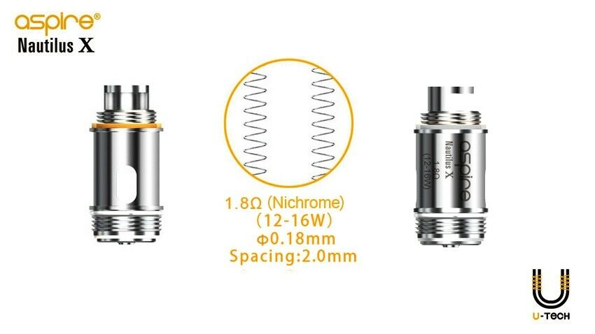 Aspire Nautilus X replacement coil heads, pack of 5 with 1.5Ω and 1.8Ω resistance options for Nautilus X pod vape kit.