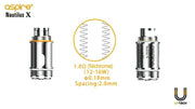 Aspire Nautilus X replacement coil heads, pack of 5 with 1.5Ω and 1.8Ω resistance options for Nautilus X pod vape kit.