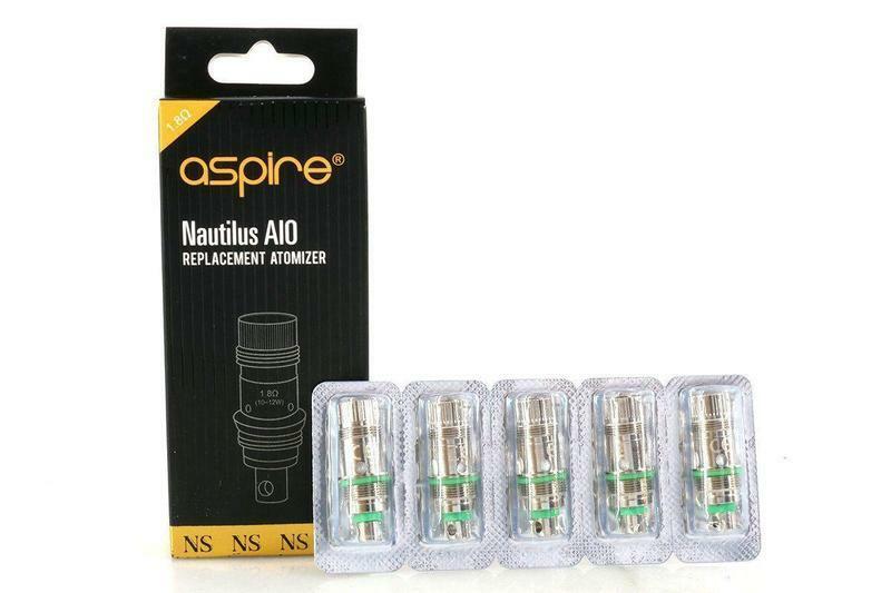 Aspire Nautilus AIO coils, pack of 5 genuine 1.8Ω atomizer replacement heads, designed for the Aspire Nautilus AIO kit, delivering excellent flavor, smooth vapor, and reliable mouth‑to‑lung vaping performance.
