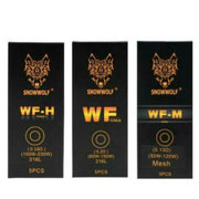 Pack of five Snowwolf WF replacement coils, including WF-H, WF-M, WF-H-M, and WF-SS316L variants for versatile vaping options.