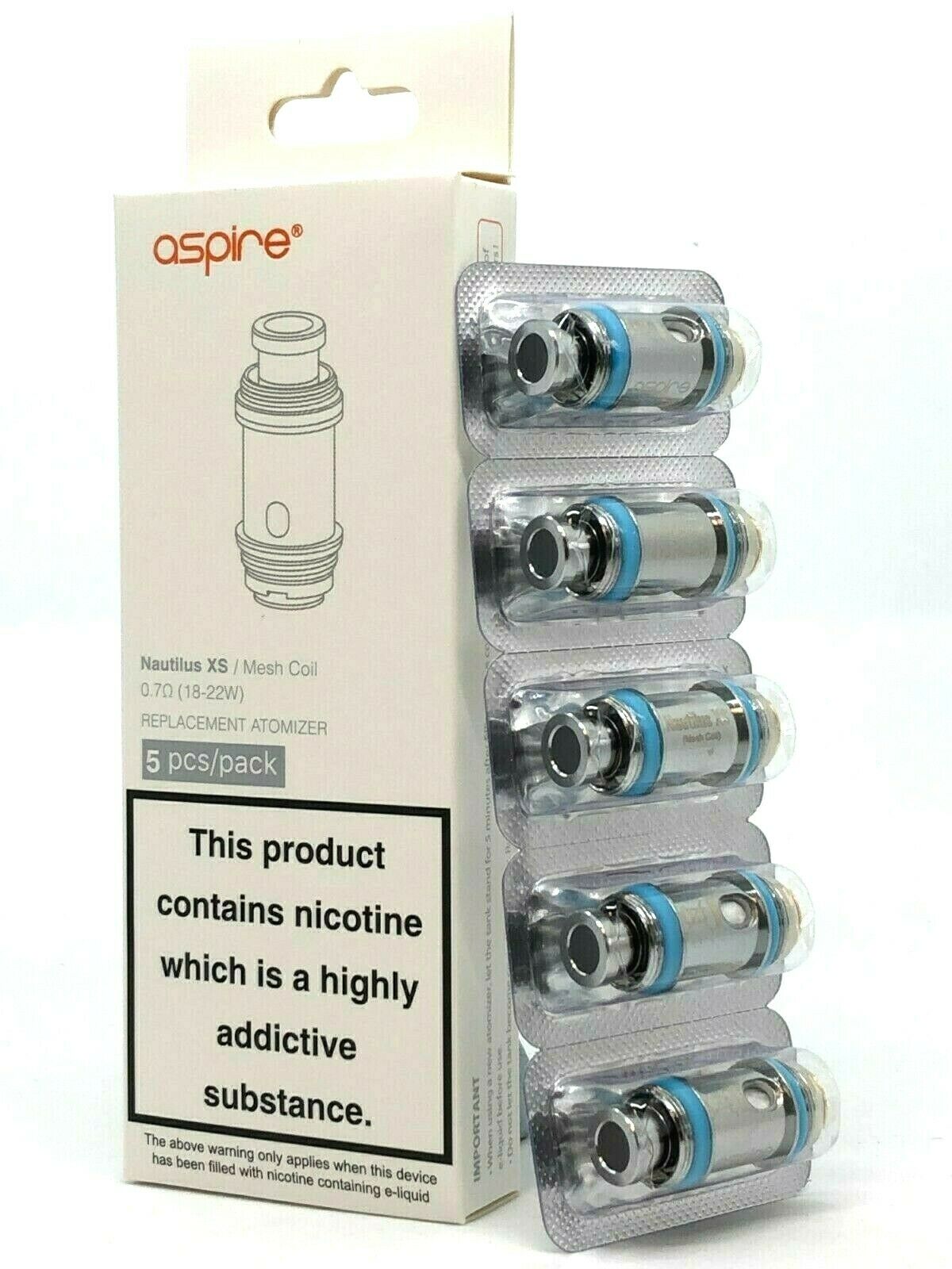 Genuine Aspire Nautilus XS 0.7Ω mesh replacement coil heads, pack of 5 for Nautilus XS pod vape kit.