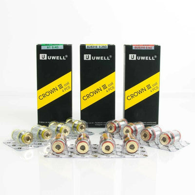 Uwell Crown III replacement vape coils, pack of 4 with 0.25Ω, 0.4Ω, and 0.5Ω resistance options for Crown III tank.