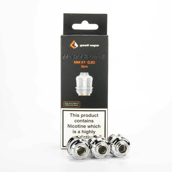 Pack of three Geekvape MeshMellow MM X1 Alpha 0.2Ω vape coils designed for e-cig mods, delivering rich flavor and dense vapor.