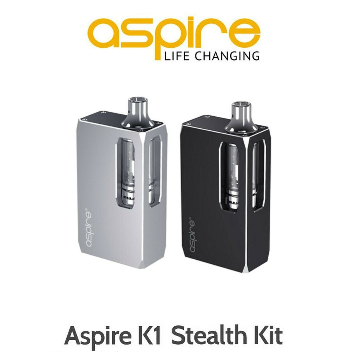 Aspire K1 Stealth vape e-cigarette starter kit with 1000mAh battery and Aspire K1 Plus refillable tank for long-lasting vaping.