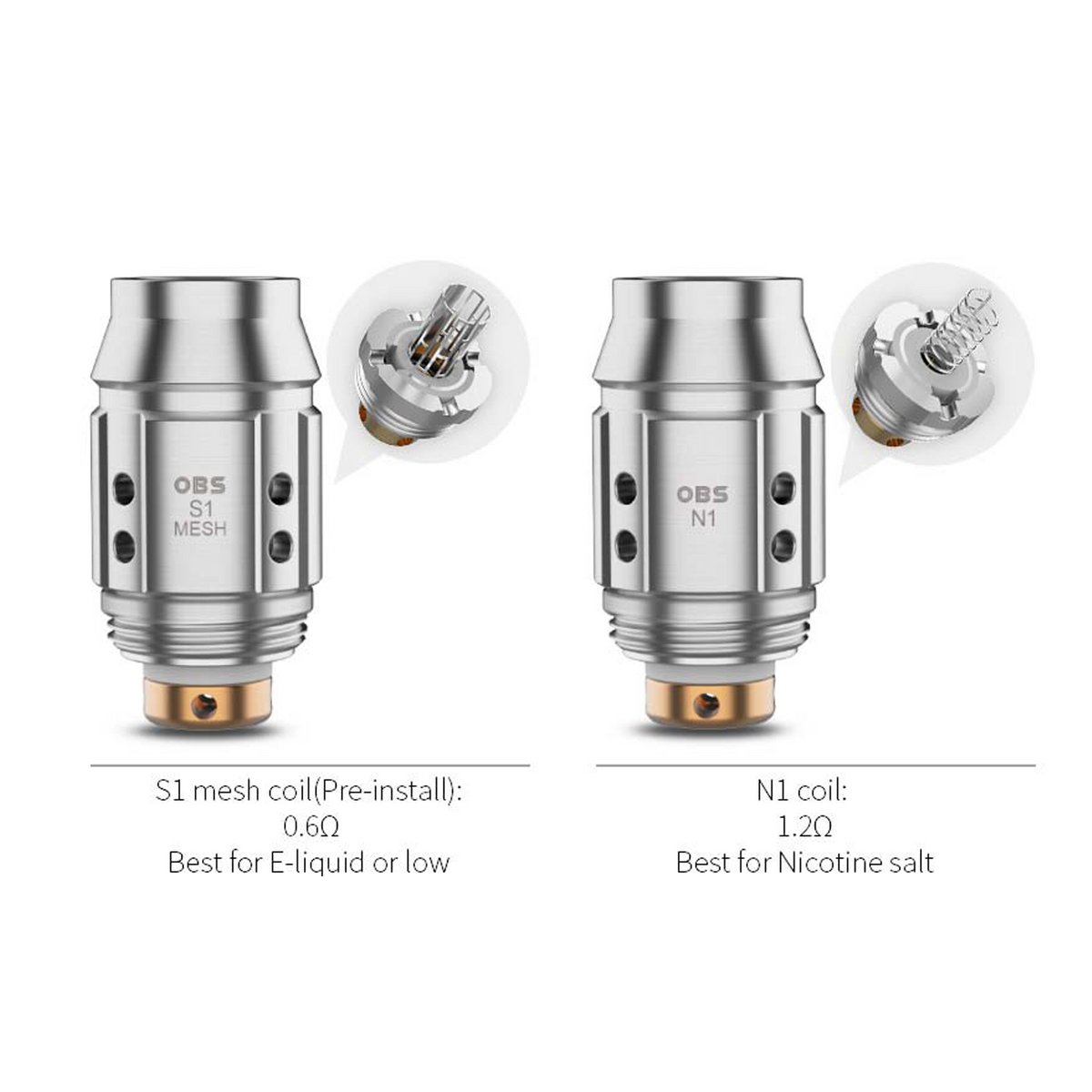 OBS KFB 2 S1 and N1 real coil atomizers, pack of 5 replacement coils compatible with OBS KFB 2 pod vape kits.