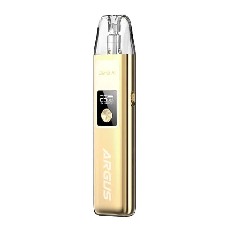VOOPOO Argus G Vape Kit in Sand Drift Gold – stylish and high-performance pod system with a 1000mAh battery, OLED screen, airflow adjustment, and GENE.AI chip for smooth and flavorful MTL vaping