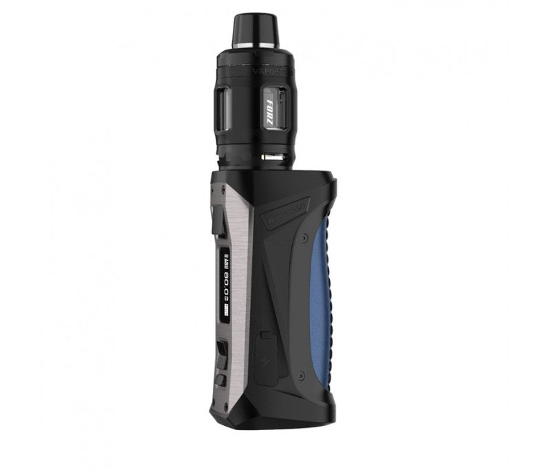 Vaporesso Forz TX80 Sub-Ohm Box Mod Starter Kit in Steel Blue – a rugged and waterproof vape kit featuring AXON chip, 80W output, and FORZ Tank 25 for high-performance sub-ohm vaping.