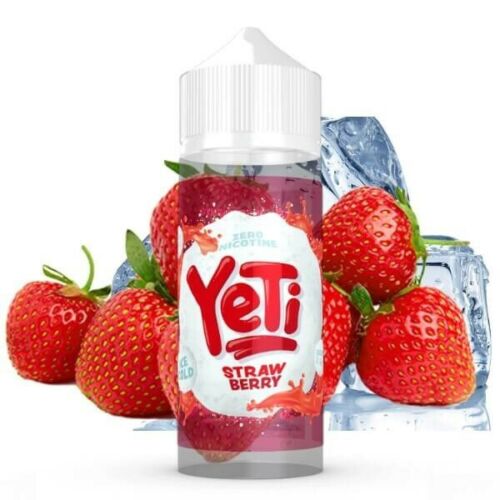 100ml shortfill bottle of YETI E-Liquid in Strawberry flavor from the Fruity Ice Cold Series, crafted with a 70VG/30PG mix for bold flavor and dense clouds, nicotine-free with space for nic shots.