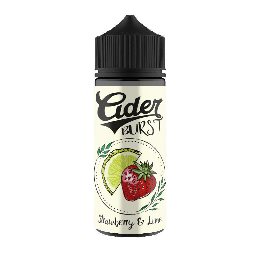 100ml shortfill bottle of New Cider Burst Vape Juice in Strawberry & Lime flavor, a smooth 70VG/30PG blend for rich flavor and dense clouds, nicotine-free with room for nic shots.