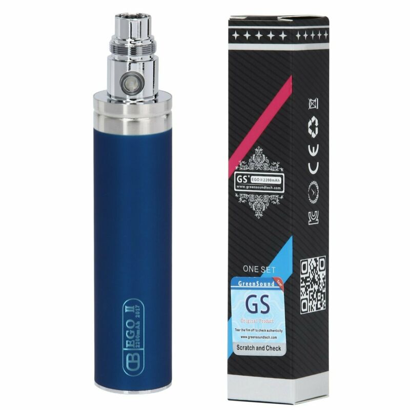 GS eGo II 2200mAh mega kit in Blue, with long USB charger and H2S atomizer, designed for durable and long-lasting vaping.
