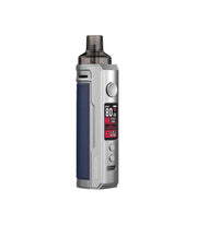 Voopoo Drag X Pod Mod Kit in Silver and Blue – stylish and powerful vape kit featuring a silver frame with bold blue leather grip, up to 80W output, GENE.TT chipset, and PnP pod compatibility for a versatile sub-ohm experience.