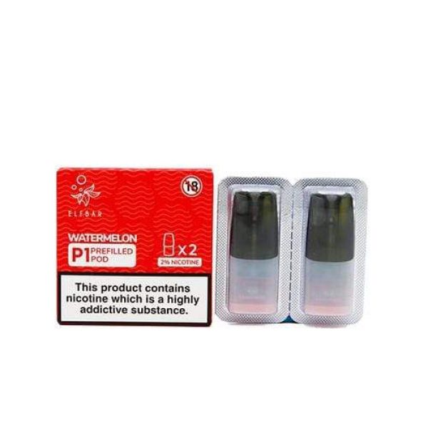 Elf Bar Mate 500 flavored replacement pods in Watermelon, pack of 2, prefilled for a juicy and refreshing vape experience, designed for use with the Elf Bar Mate 500 device to deliver smooth vapor and rich fruity flavor.